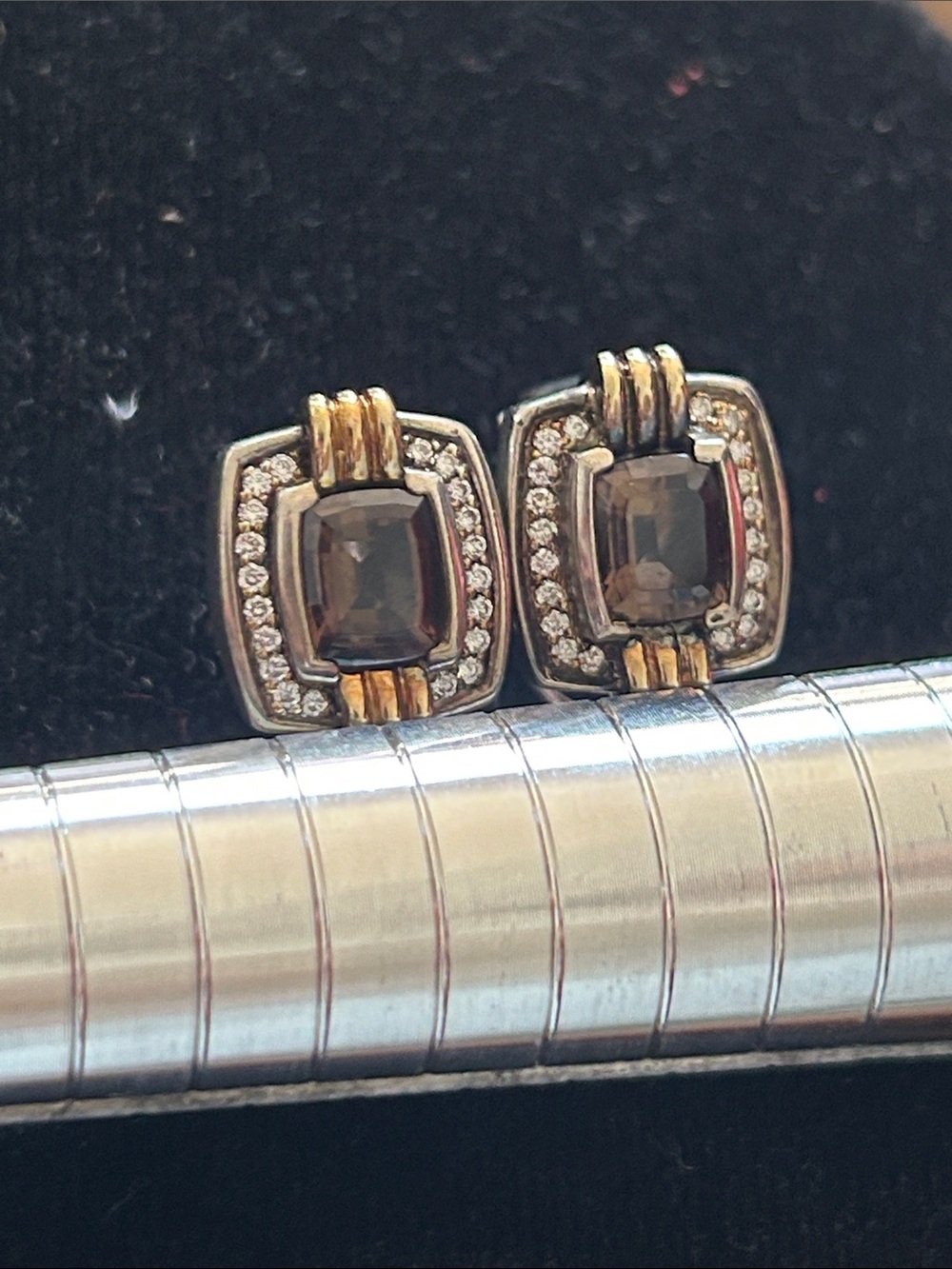 Smoky Quartz and Diamond Accent Two-Tone Stud Earrings - Brown